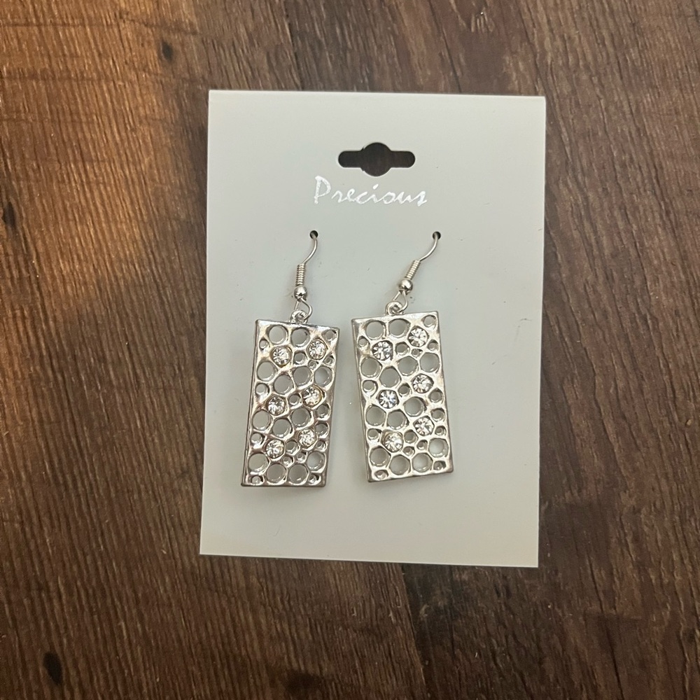 NWT Precious Silver Rectangular Dangle Earrings with Crystal Accents